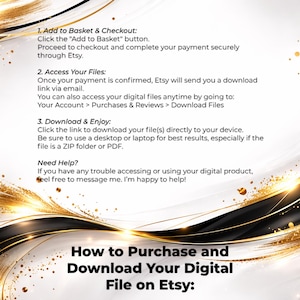May include: A decorative graphic with gold and black accents, featuring instructions on how to purchase and download digital files on Etsy. The text includes steps for adding to the basket, accessing files, and downloading. The JJT Laser Engraving logo is in the upper right corner.