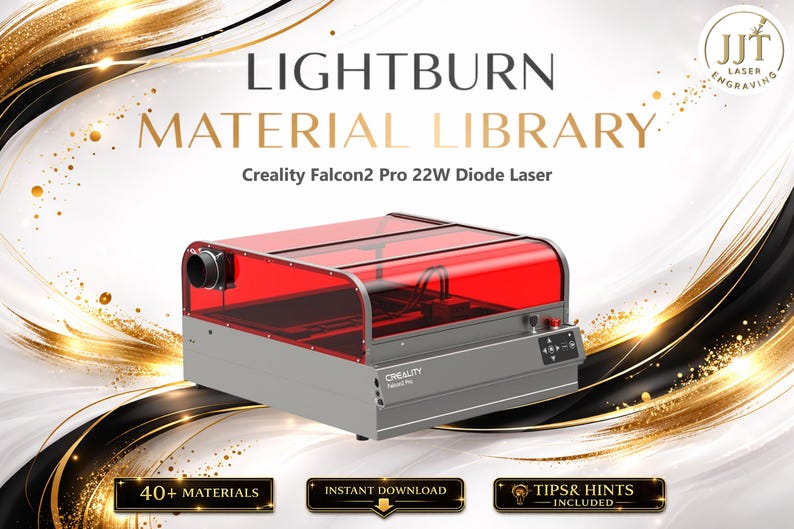 May include: A silver and red Creality Falcon2 Pro 22W Diode Laser machine with the text "LIGHTBURN MATERIAL LIBRARY" and "40+ MATERIALS" on the image. The laser machine has a red transparent cover.