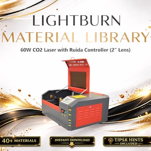May include: A laser engraving machine with a red and gray exterior is featured in this image. The machine has an open top and a control panel. The text "LIGHTBURN MATERIAL LIBRARY" is displayed above the machine, along with other text.