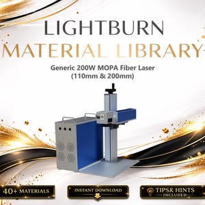 Puede incluir: Imagen que promociona una Biblioteca de Materiales Lightburn. Presenta un láser de fibra MOPA genérico de 200W, con dimensiones de 110 mm y 200 mm. La imagen incluye texto que dice "40+ MATERIALES", "DESCARGA INSTANTÁNEA" y "CONSEJOS Y CONSEJOS INCLUIDOS".