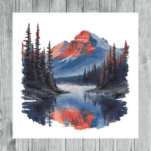 Watercolor Mountain Reflection Cross Stitch Pattern, Scenic Landscape PDF