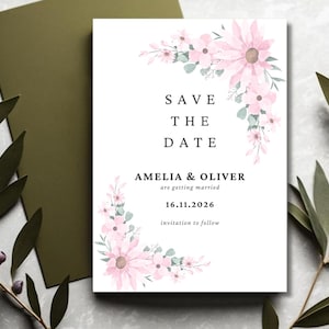 Pink Floral Wedding Announcement – Save the Date Template - Editable Canva Template – Instant Download