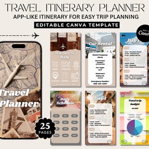 Travel Itinerary Template, Mobile Travel Planner, Traveling Guide Editable in Canva, Trip Itinerary, Travel Itinerary, Vacation Itinerary