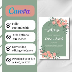Green Flowery Welcome Sign, Wedding Poster, Invitation Sign, Bridal Welcome Poster, Custom Event Sign, Greenery Theme, Bridal Entrance Sign