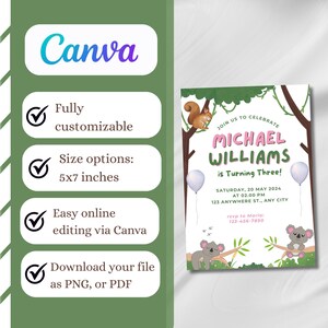 Convite de aniversário Safari verde e branco, cartão de aniversário com aquarela de animais, convite para festa Safari, cartão de aniversário infantil