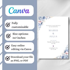 Blue Floral Watercolor Wedding Invitation – Editable Canva Template, Printable Invitation, Elegant Botanical Design, Digital Wedding Card