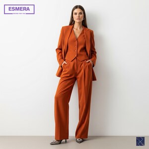 Tailleur-pantalon large orange brûlé pour femme | sur mesure | Parfait pour les mariages, les cocktails et le bal de promo | Ensemble élégant de tenue de demoiselle d'honneur