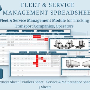 Puede incluir: Gráfico azul claro con el texto "FLEET & SERVICE MANAGEMENT SPREADSHEET". La imagen muestra una interfaz de hoja de cálculo con tablas de datos etiquetadas como "Trucks", "Trailers" y "Service & Maintenance". También hay un icono de Google Sheets.