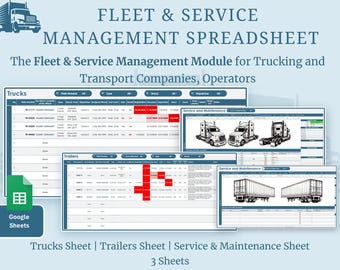 May include: A light blue graphic with the text "FLEET & SERVICE MANAGEMENT SPREADSHEET". The image shows a spreadsheet interface with data tables labelled "Trucks", "Trailers", and "Service & Maintenance". A Google Sheets icon is also present.