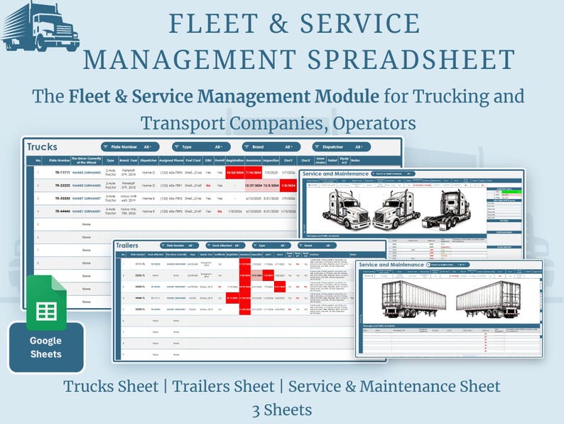 May include: A light blue graphic with the text "FLEET & SERVICE MANAGEMENT SPREADSHEET". The image shows a spreadsheet interface with data tables labeled "Trucks", "Trailers", and "Service & Maintenance". A Google Sheets icon is also present.