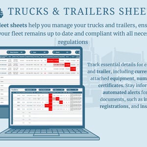 May include: Image of a computer screen and laptop displaying fleet management software. The text "TRUCKS & TRAILERS SHEETS" is at the top. The software tracks truck and trailer details, including driver, equipment, and certificates.