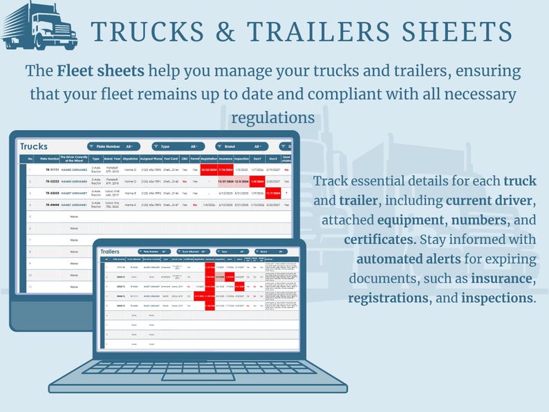 May include: Image of a computer screen and laptop displaying fleet management software. The text "TRUCKS & TRAILERS SHEETS" is at the top. The software tracks truck and trailer details, including driver, equipment, and certificates.