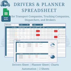 Puede incluir: Una hoja de cálculo digital titulada "Drivers & Planner Spreadsheet" para empresas de transporte, empresas de camiones, despachadores y corredores. La hoja de cálculo incluye hojas de conductor y planificador, gráficos y funciones de automatización.