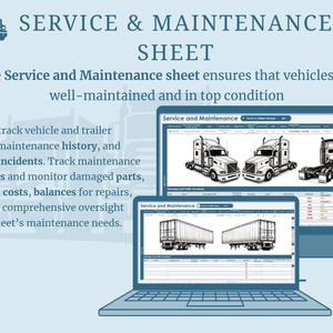 May include: Image of a laptop and two monitors displaying a service and maintenance sheet for vehicles. The screens show truck and trailer diagrams, with text indicating repair tracking and maintenance schedules. The text reads "SERVICE & MAINTENANCE SHEET".