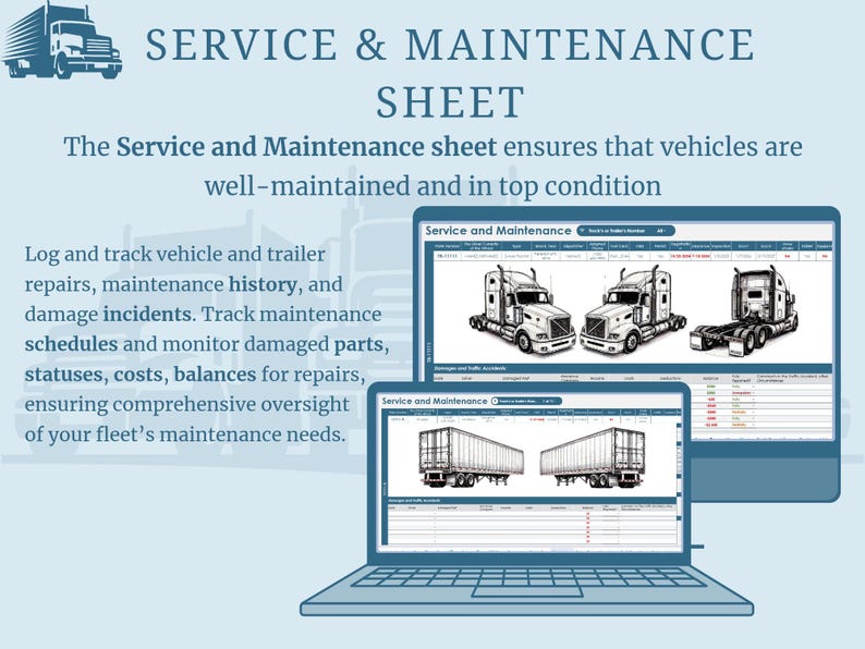 May include: Image of a laptop and two monitors displaying a service and maintenance sheet for vehicles. The screens show truck and trailer diagrams, with text indicating repair tracking and maintenance schedules. The text reads "SERVICE & MAINTENANCE SHEET".