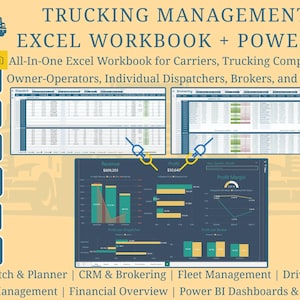 May include: A colorful infographic showing an Excel workbook and Power BI dashboards for trucking management. The workbook includes sheets for dispatching, trucks, trailers, drivers, wages, and payroll. The Power BI dashboards show revenue, profit, and profit margin.