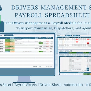 Puede incluir: Un gráfico digital que promociona una hoja de cálculo de gestión de conductores y nóminas para empresas de transporte. La imagen incluye una pantalla de ordenador que muestra una hoja de cálculo, un icono de Google Sheets y el texto "DRIVERS MANAGEMENT & PAYROLL SPREADSHEET".