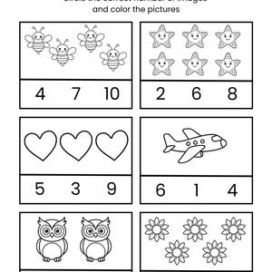 May include: Black and white educational worksheet titled "COUNT AND MATCH". The worksheet features illustrations of bees, starfish, hearts, an airplane, owls, and flowers. Each image set has a selection of numbers below it.