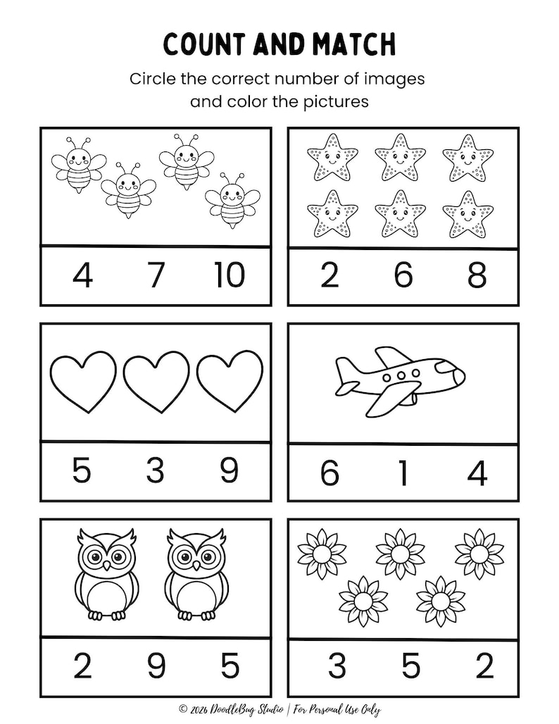May include: Black and white educational worksheet titled "COUNT AND MATCH". The worksheet features illustrations of bees, starfish, hearts, an airplane, owls, and flowers. Each image set has a selection of numbers below it.