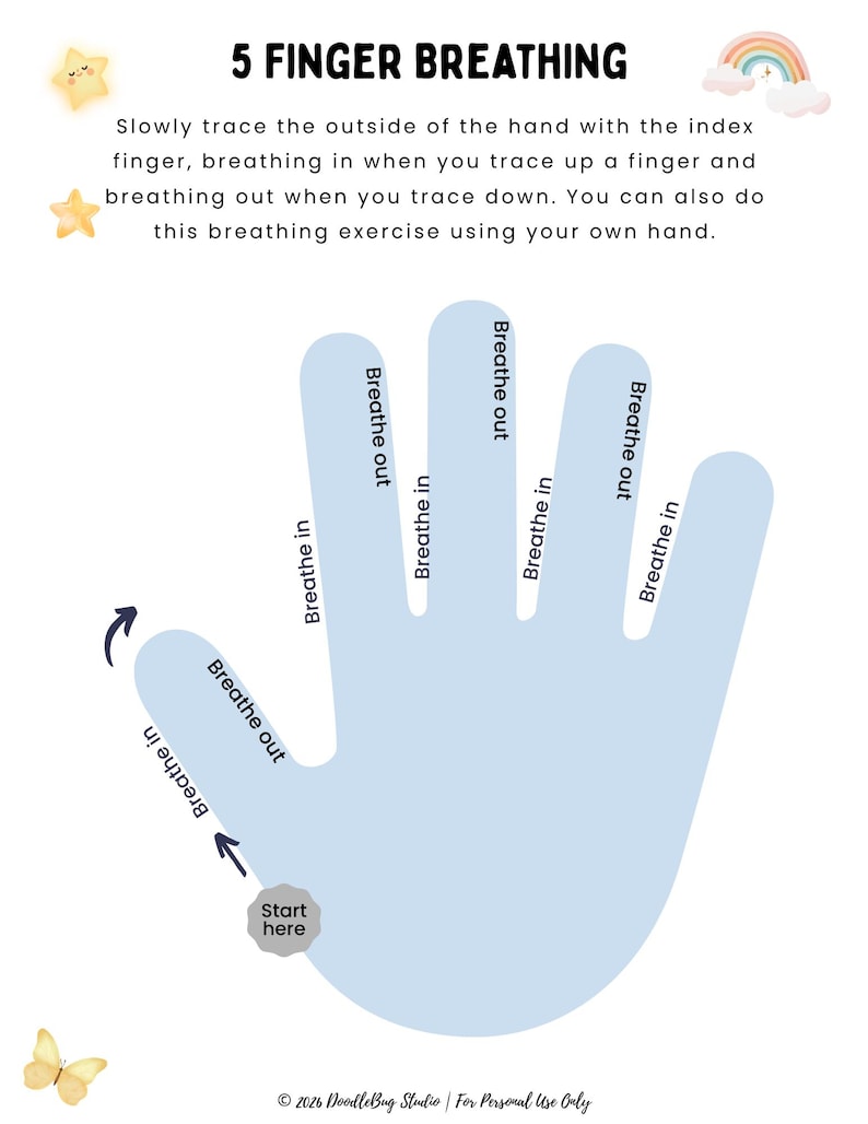 May include: A light blue hand-shaped diagram for a 5-finger breathing exercise. The diagram includes the text "Breathe in" and "Breathe out" with arrows indicating the breathing pattern. The text "5 FINGER BREATHING" is at the top.
