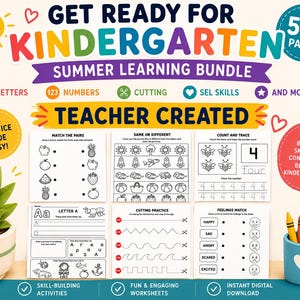 May include: A vibrant digital summer learning bundle for kindergarten, with worksheets covering letters, numbers, cutting, and SEL skills. Contains over 50 pages of teacher-created activities. A blue cup with crayons and a potted succulent are also shown.
