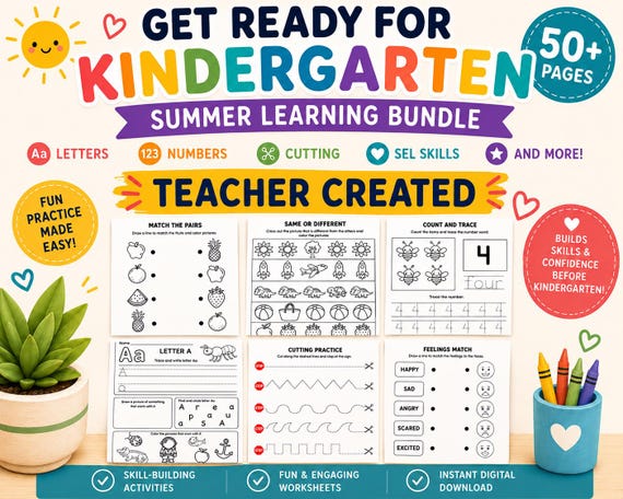 Kindergarten Summer Learning Bundle | Letters, Numbers, Cutting, SEL (Digital Download)