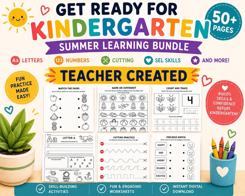 May include: A vibrant digital summer learning bundle for kindergarten, with worksheets covering letters, numbers, cutting, and SEL skills. Contains over 50 pages of teacher-created activities. A blue cup with crayons and a potted succulent are also shown.