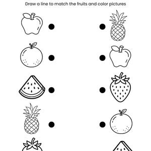 May include: Black and white worksheet titled "MATCH THE PAIRS" with fruit illustrations. The worksheet features an apple, orange, watermelon slice, pineapple, and strawberry. The instructions are to draw a line to match the fruits and colour the pictures.