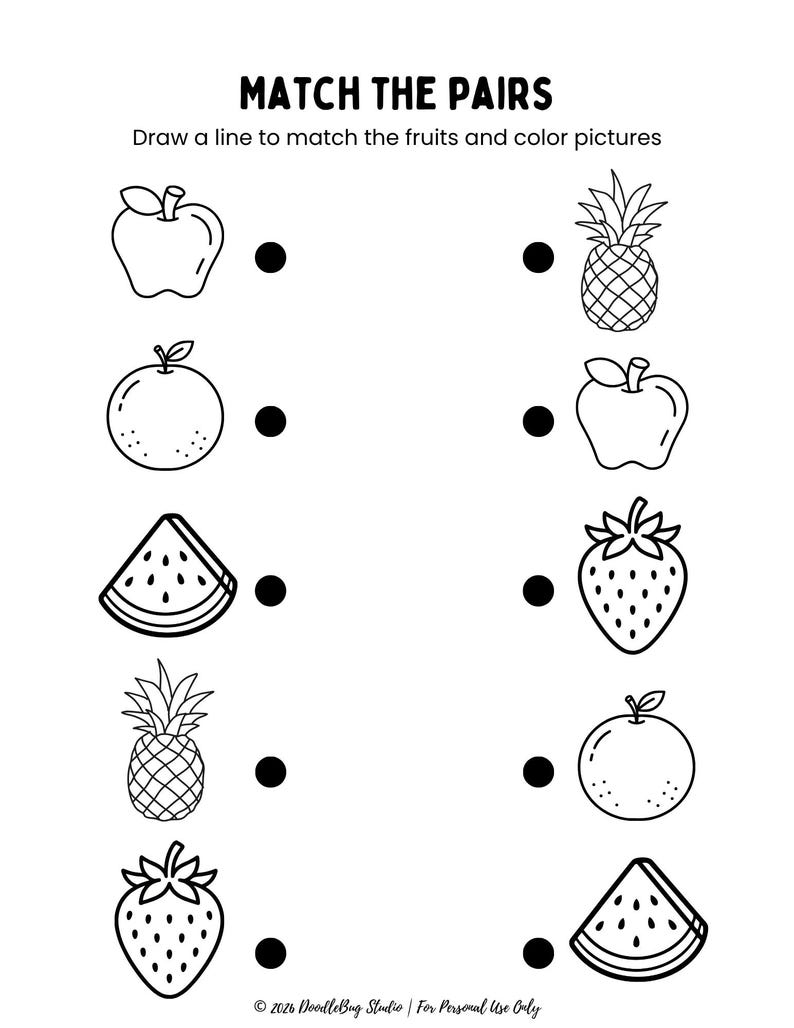 May include: Black and white worksheet titled "MATCH THE PAIRS" with fruit illustrations. The worksheet features an apple, orange, watermelon slice, pineapple, and strawberry. The instructions are to draw a line to match the fruits and colour the pictures.
