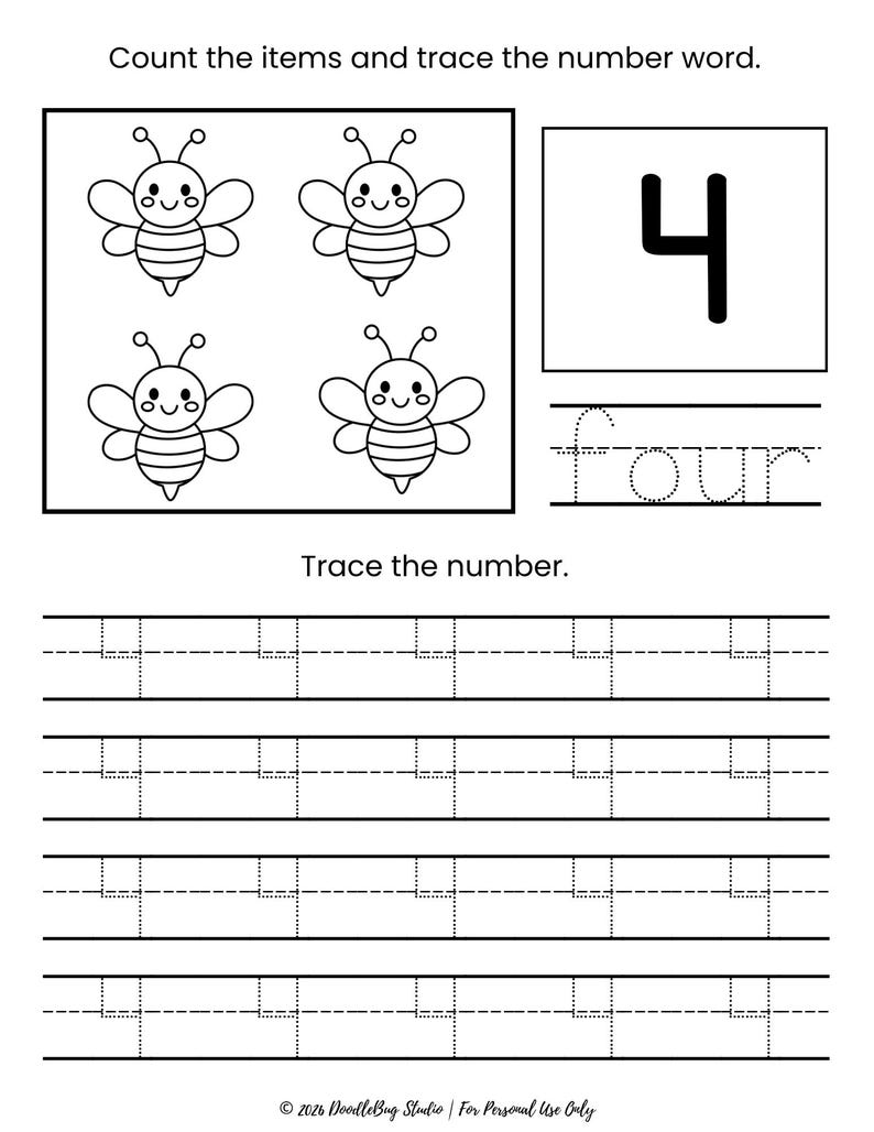 May include: Black and white worksheet for early learning. The top section features four cartoon bees and the number 4 with the word "four" to trace. The bottom section provides lines for tracing the number. Text on the page reads "Count the items and trace the number word" and "Trace the number."
