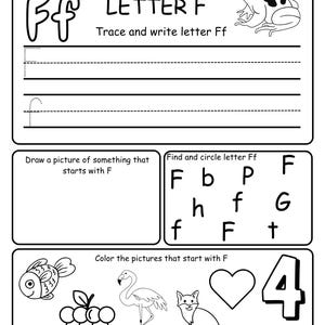 May include: Black and white worksheet for learning the letter F. Includes tracing, writing practice, drawing, and identifying the letter. Features a frog illustration. Includes the text: 'Trace and write letter Ff'.
