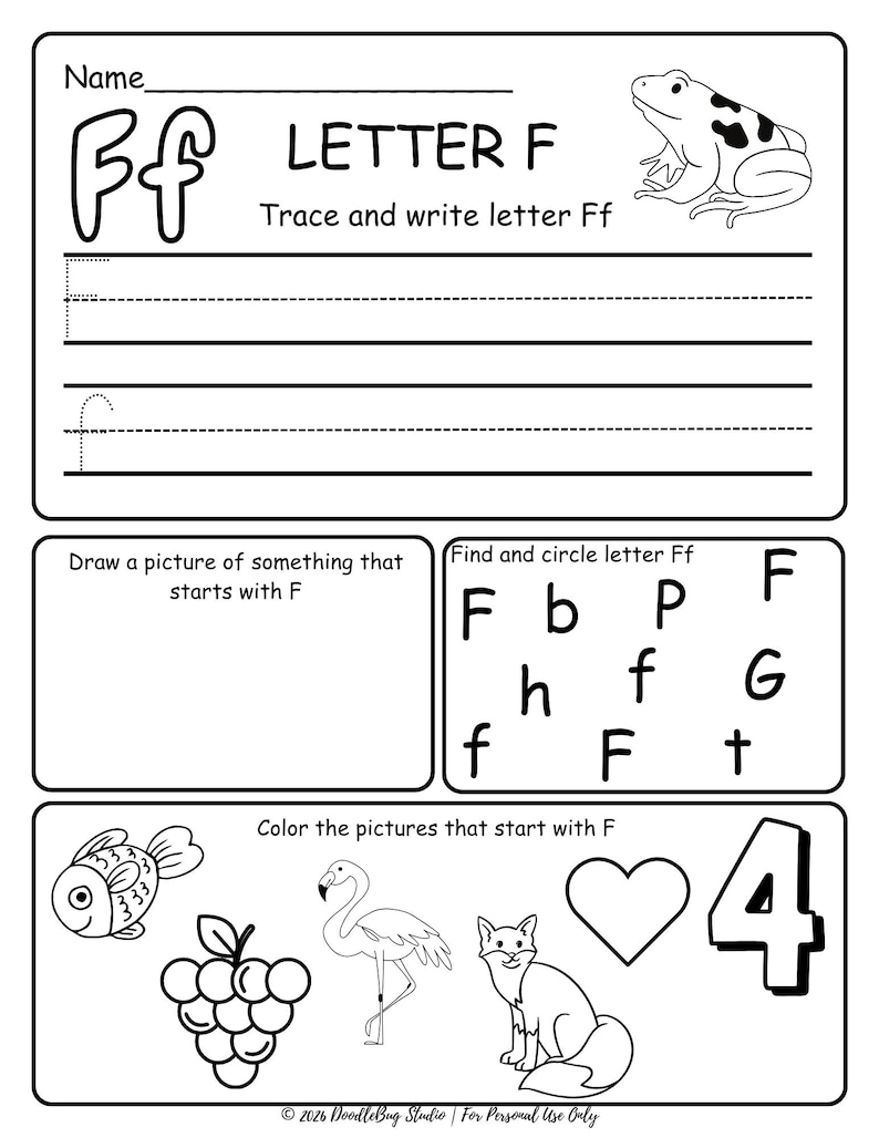 May include: Black and white worksheet for learning the letter F. Includes tracing, writing practice, drawing, and identifying the letter. Features a frog illustration. Includes the text: 'Trace and write letter Ff'.
