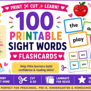 May include: A set of 100 printable sight words flashcards featuring colorful text and graphics including a yellow star, a red apple, and a rainbow. The design includes the text 100 PRINTABLE SIGHT WORDS FLASHCARDS, PRINT CUT LEARN, and 100 WORDS, with icons for printing, cutting, and laminating.