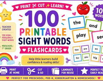 Sight Word Flashcards Printable | 100 High Frequency Words | Kindergarten Reading Practice | Preschool Learning Activity