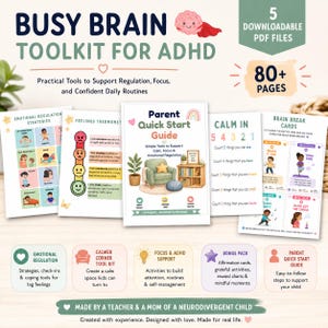Op de afbeelding: Een ADHD-toolkit met de titel "Busy Brain Toolkit for ADHD". De afbeelding toont verschillende kleurrijke pagina's met tekst en illustraties. De toolkit bevat strategieën voor emotionele regulatie, een gevoelsthermometer en een snelle startgids voor ouders. Het bevat ook brain break-kaarten.