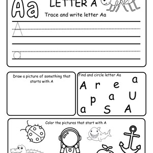 May include: Black and white worksheet for learning the letter A. Includes tracing, writing practice, and activities to identify objects starting with A. Features an ant illustration and the text "LETTER A".
