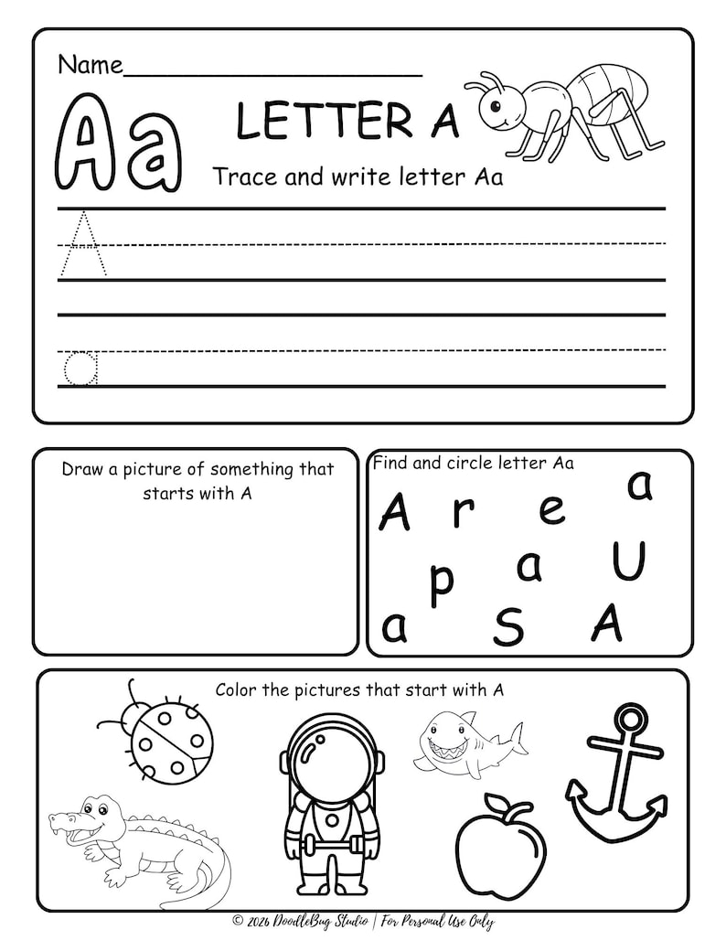 May include: Black and white worksheet for learning the letter A. Includes tracing, writing practice, and activities to identify objects starting with A. Features an ant illustration and the text "LETTER A".