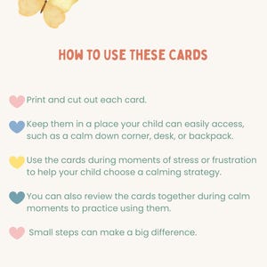 Puede incluir: Tarjeta beige claro con una ilustraci&oacute;n de mariposa en acuarela y el texto "HOW TO USE THESE CARDS". Se proporcionan instrucciones sobre c&oacute;mo usar las tarjetas, incluida la impresi&oacute;n y el corte. La tarjeta est&aacute; marcada con "DoodleBug Studio 2026".