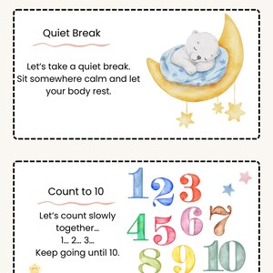 Puede incluir: Tarjetas de calma con el texto "CUT AND USE CALM DOWN CARDS". Las tarjetas presentan un oso polar durmiendo en una luna creciente y n&uacute;meros coloridos del 1 al 10. Las tarjetas est&aacute;n dise&ntilde;adas para ayudar a los ni&ntilde;os a calmarse.