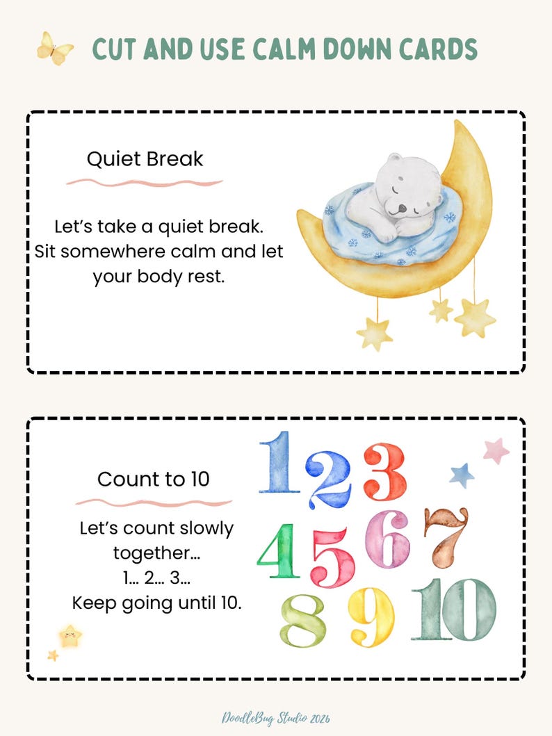 Puede incluir: Tarjetas de calma con el texto "CUT AND USE CALM DOWN CARDS". Las tarjetas presentan un oso polar durmiendo en una luna creciente y n&uacute;meros coloridos del 1 al 10. Las tarjetas est&aacute;n dise&ntilde;adas para ayudar a los ni&ntilde;os a calmarse.