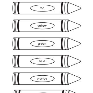 May include: A black and white educational worksheet titled "LEARN MY COLORS". The worksheet features six crayons labeled with the colours red, yellow, green, blue, orange, and purple. The text instructs to colour each crayon the correct colour.