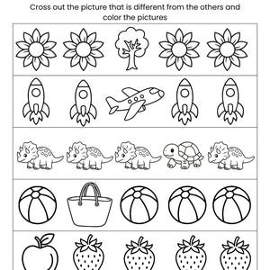 May include: Black and white worksheet titled "SAME OR DIFFERENT". It contains illustrations of flowers, rockets, dinosaurs, beach balls, and fruit. The instructions prompt to identify and cross out the odd one out and colour the remaining pictures.