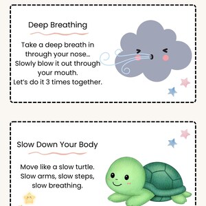 Puede incluir: Una tarjeta imprimible con el texto "CUT AND USE CALM DOWN CARDS". La tarjeta presenta ilustraciones de una nube y una tortuga, con instrucciones para respirar profundamente y ralentizar el cuerpo. La tarjeta est&aacute; dise&ntilde;ada para ni&ntilde;os.