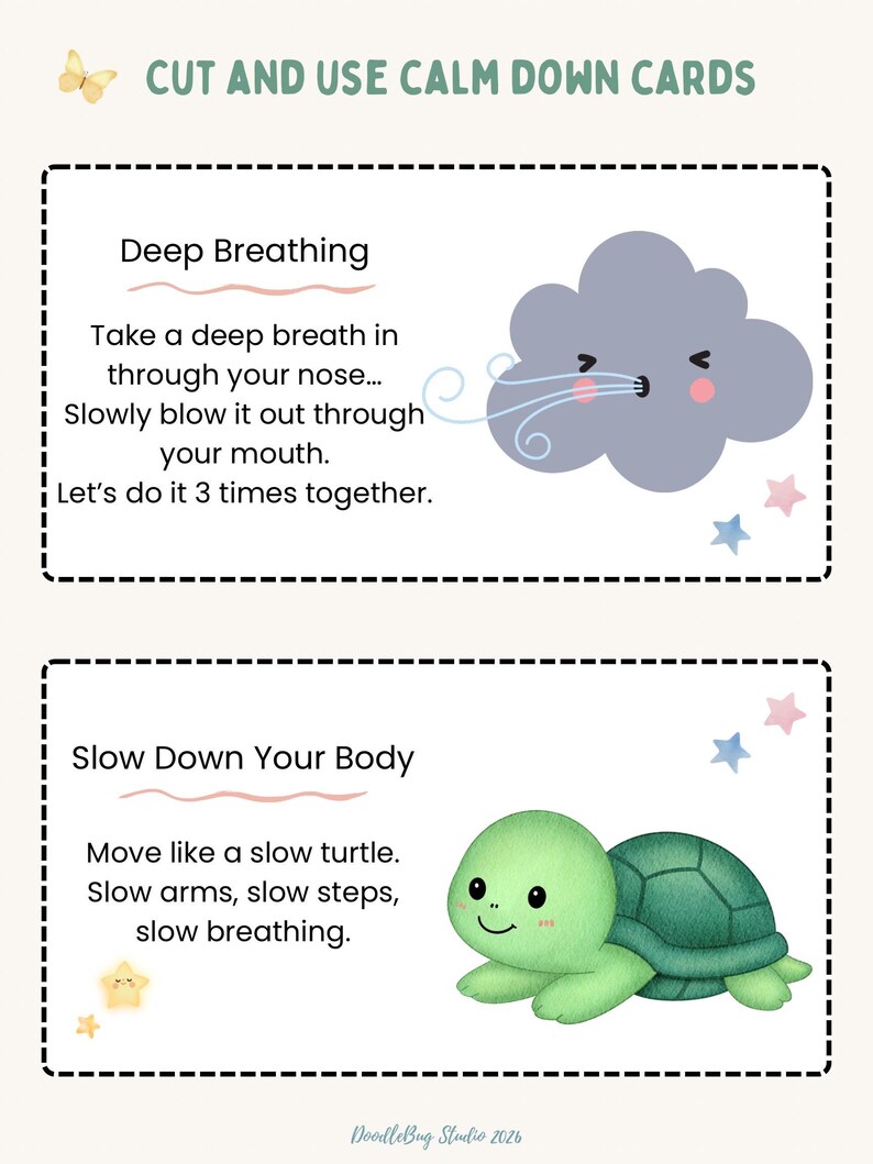 Puede incluir: Una tarjeta imprimible con el texto "CUT AND USE CALM DOWN CARDS". La tarjeta presenta ilustraciones de una nube y una tortuga, con instrucciones para respirar profundamente y ralentizar el cuerpo. La tarjeta est&aacute; dise&ntilde;ada para ni&ntilde;os.
