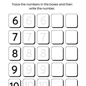 May include: Black and white educational worksheet titled "TRACE AND WRITE". The worksheet features numbers 6 to 10, with dotted lines for tracing and blank boxes for writing. The text instructs to trace and write the numbers.
