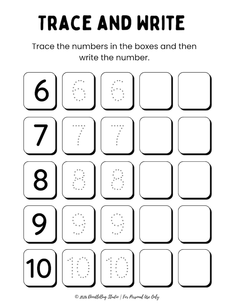May include: Black and white educational worksheet titled "TRACE AND WRITE". The worksheet features numbers 6 to 10, with dotted lines for tracing and blank boxes for writing. The text instructs to trace and write the numbers.