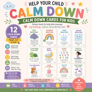 Puede incluir: Gu&iacute;a imprimible "Calm Down Cards for Kids". Incluye 12 tarjetas con ejercicios de respiraci&oacute;n y estrategias de afrontamiento. Presenta ilustraciones de un arco&iacute;ris, una tortuga y otras im&aacute;genes relajantes. Texto: "Ayude a su hijo a calmarse."