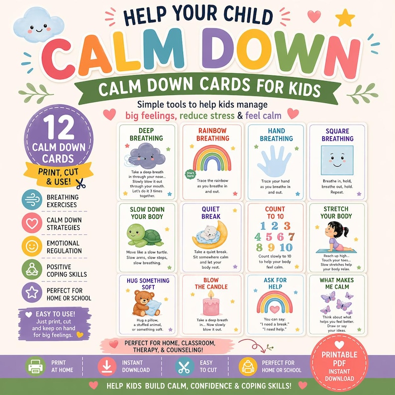 Puede incluir: Gu&iacute;a imprimible "Calm Down Cards for Kids". Incluye 12 tarjetas con ejercicios de respiraci&oacute;n y estrategias de afrontamiento. Presenta ilustraciones de un arco&iacute;ris, una tortuga y otras im&aacute;genes relajantes. Texto: "Ayude a su hijo a calmarse."