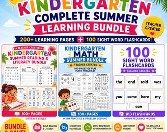 Get Ready for Kindergarten Summer Learning Bundle | 200 Math & Literacy Activities + 100 Sight Word Flashcards | Kindergarten Prep Printable