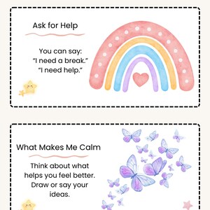 Puede incluir: Una tarjeta imprimible para calmarse con el texto "CUT AND USE CALM DOWN CARDS". La tarjeta presenta un arco&iacute;ris de acuarela, mariposas, estrellas y las frases "Ask for Help" y "What Makes Me Calm".